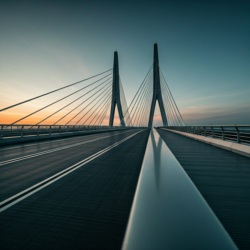 A sleek cable-stayed bridge at dusk, symbolising the link between technical and contractual disciplines