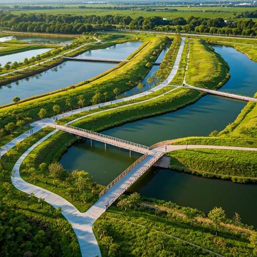 An aerial view of a restored wetland area integrated into a modern urban park