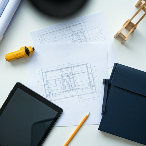 Blueprints, a digital tablet and a precision surveying tool on a clean white desk