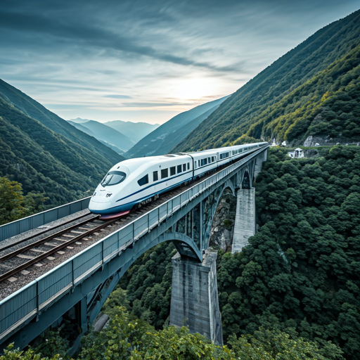 A high-speed railway bridge stretching across a deep mountain valley