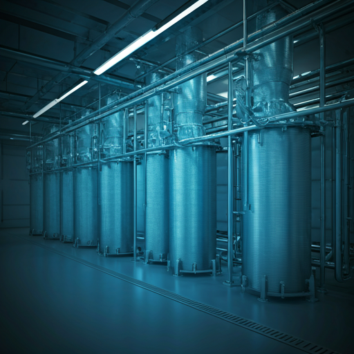 A state-of-the-art water filtration facility with glowing blue pipes