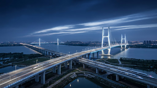 High-fidelity corporate photography of a major modern infrastructure project